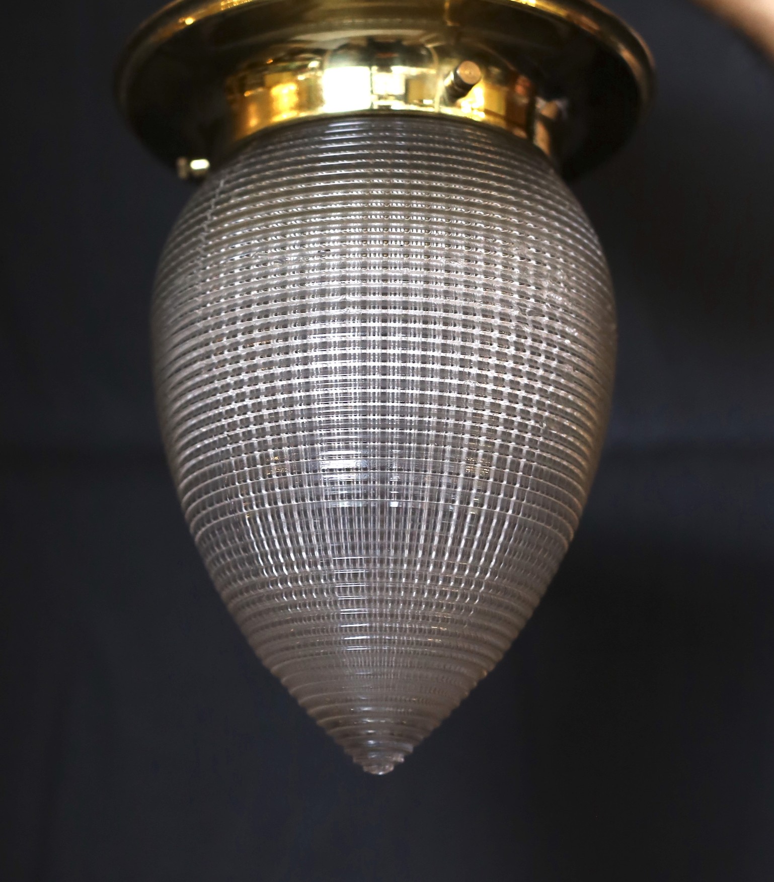 An Edwardian brass mounted ribbed glass ceiling light, height 17cm